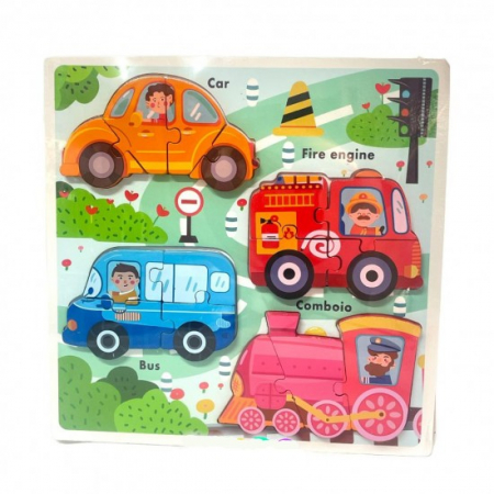 Jocuri Educative - Puzzle incastru din lemn în relief 4 în 1 MIJLOACE DE TRANSPORT