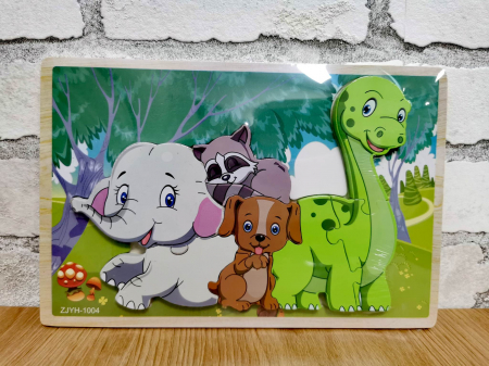 Jucării din lemn - Puzzle incastru din lemn in relief animalute vesele elefant, raton, catel, dinozaur