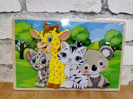 Jucării din lemn - Puzzle incastru din lemn in relief animalute vesele leopard, girafa, pisica, koala