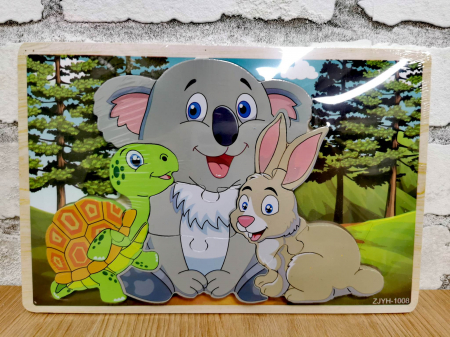 Jucării din lemn - Puzzle incastru din lemn in relief animalute vesele testoasa, koala, iepure
