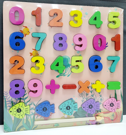 Jucării de îndemânare - Puzzle incastru din lemn in relief cifre, operatii aritmetice si pestisori - pescuit magnetic