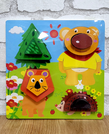 Jucării din lemn - Puzzle incastru din lemn in relief forme geometrice- animale din padure