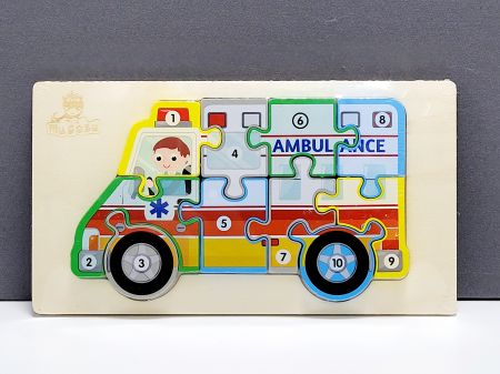 Jucării din lemn - Puzzle incastru în relief din lemn AMBULANTA cu numere 2