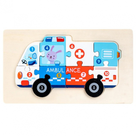 Jucării din lemn - Puzzle incastru în relief din lemn AMBULANTA cu numere