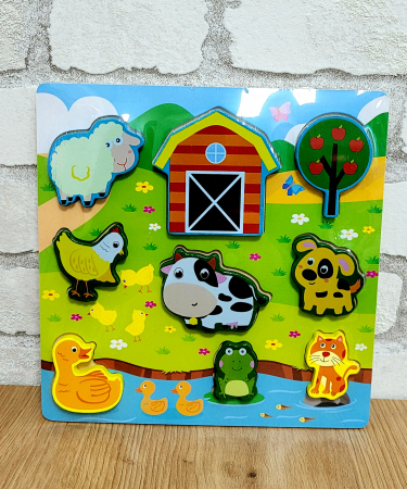 Jucării din lemn - Puzzle incastru in relief din lemn ANIMALE DE LA FERMA