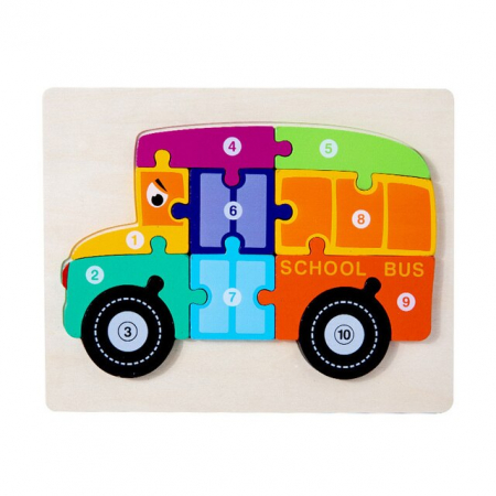PROMOŢII - Puzzle incastru în relief din lemn AUTOBUZ SCOLAR cu numere 2
