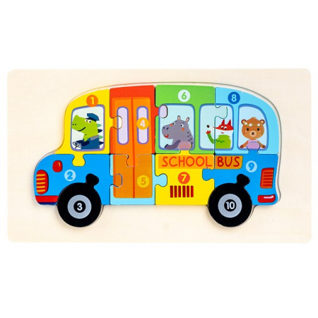 PROMOŢII - Puzzle incastru în relief din lemn AUTOBUZ SCOLAR cu numere 3