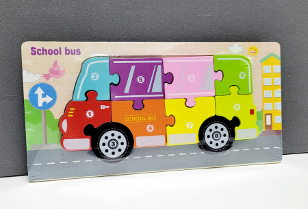 PROMOŢII - Puzzle incastru în relief din lemn AUTOBUZ SCOLAR cu numere 4