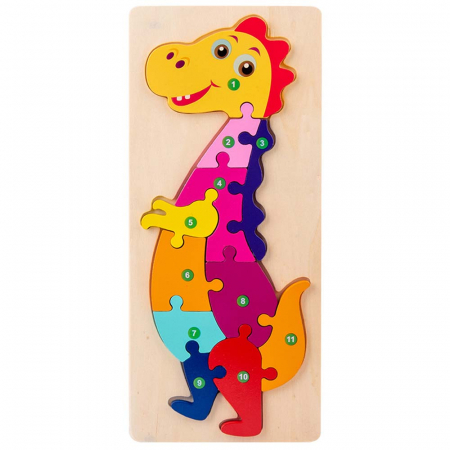 Jocuri Educative - Puzzle incastru în relief din lemn DINOZAUR cu numere 2