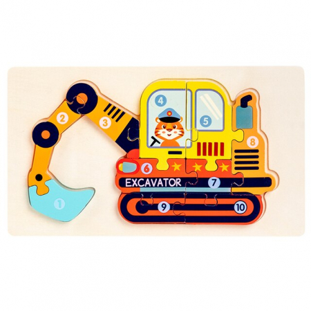 Jocuri Educative - Puzzle incastru în relief din lemn EXCAVATOR cu numere 2