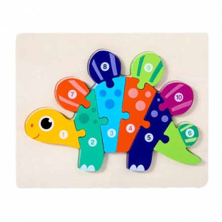 Jocuri Educative - Puzzle incastru în relief din lemn STEGOZAUR cu numere