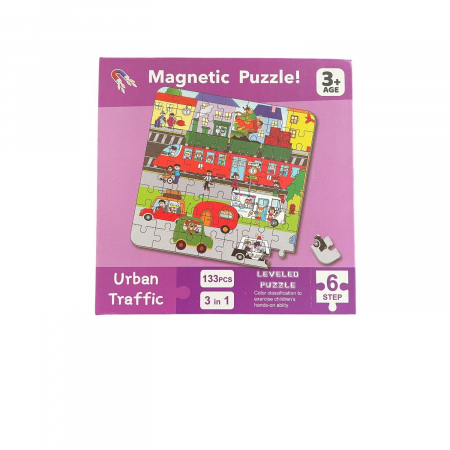 Jocuri Educative - Puzzle magnetic tip carte 3 in 1 pe niveluri 133 piese vehicule