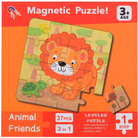 Puzzle - Puzzle magnetic tip carte 3 in 1 pe niveluri 37 piese animale din jungla