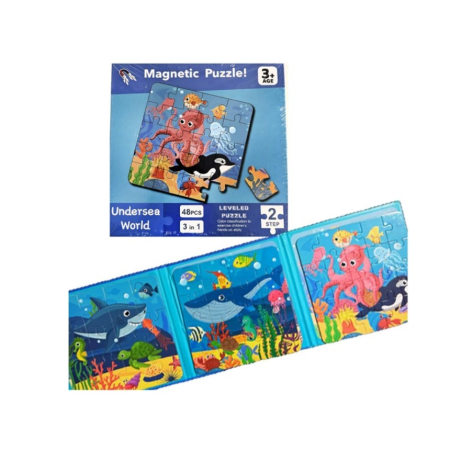 Puzzle - Puzzle magnetic tip carte 3 in 1 pe niveluri 48 piese animale marine