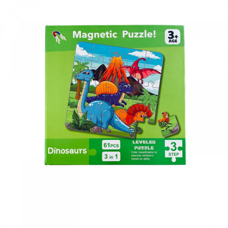 Jocuri Educative - Puzzle magnetic tip carte 3 in 1 pe niveluri 61 piese dinozauri
