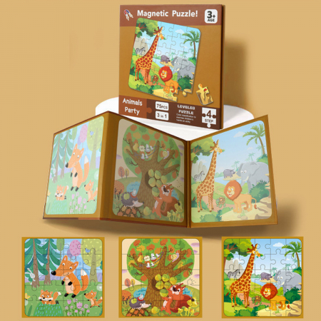 Jocuri Educative - Puzzle magnetic tip carte 3 in 1 pe niveluri 75 piese animale din jungla