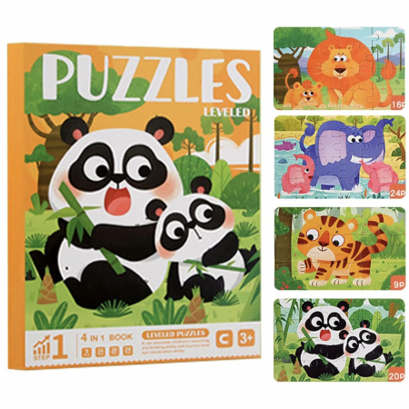 Jocuri Educative - Puzzle magnetic tip carte 4 in 1 pe niveluri 69 de piese animale in jungla