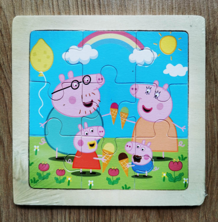 Jocuri Educative - Puzzle mic din lemn cu 9 piese Peppa Pig- Inghetata