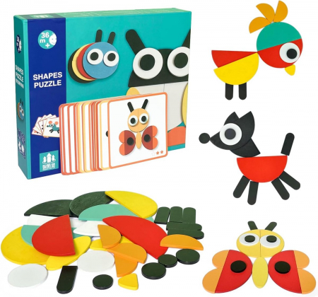 Jucării din lemn - Puzzle Montessori de tip tangram forme geometrice animale - Shapes Puzzle