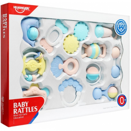Jucării bebe - Set 12 zornaitori si jucarii gingivale pentru bebelusi culori pastel, Huanger