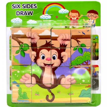 Jucării din lemn - Set 16 cuburi din lemn cu puzzle ANIMALE DIN JUNGLA