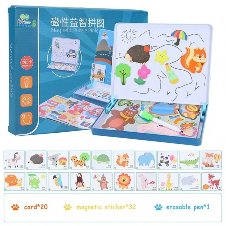 Set 2 in 1 puzzle magnetic in cutie metalica si tabla de scris ANIMALE DIN PADURE [1]