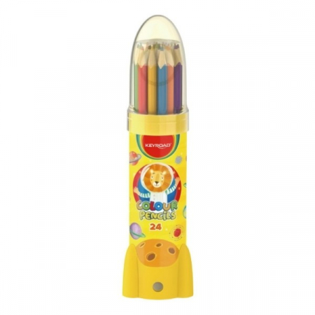 Obiecte de scris și desenat - Set 24 de creioane colorate cu ascutitoare inclusa in cutie tip tub racheta Keyroad