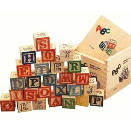 Seturi de construit - Set 27 cuburi educative din lemn numere, litere si obiecte ABC Wood Blocks