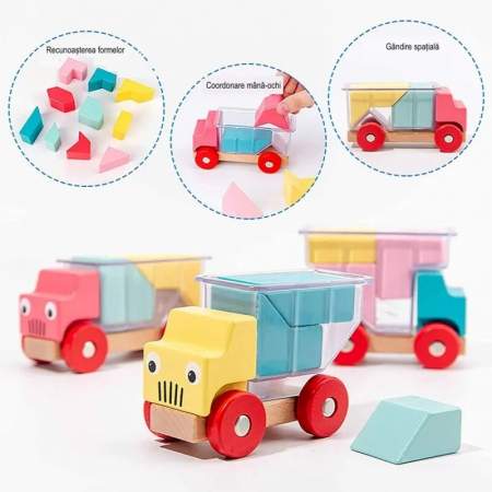 Set 3 camioane din lemn cu figuri geometrice tip puzzle 3D Assembling Toy Truck [3]