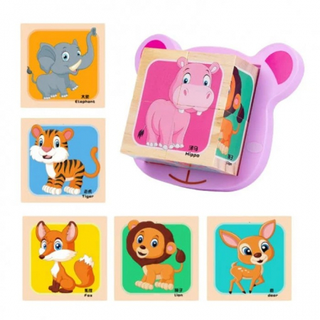 Jocuri Educative - Set 4 cuburi din lemn cu puzzle animale din junglă