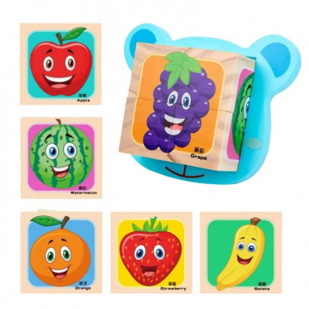 Jocuri Educative - Set 4 cuburi din lemn cu puzzle fructe