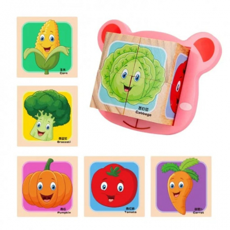 Jocuri Educative - Set 4 cuburi din lemn cu puzzle legume