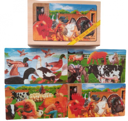 Jocuri Educative - Set 4 puzzle din lemn animale si pasari de la ferma
