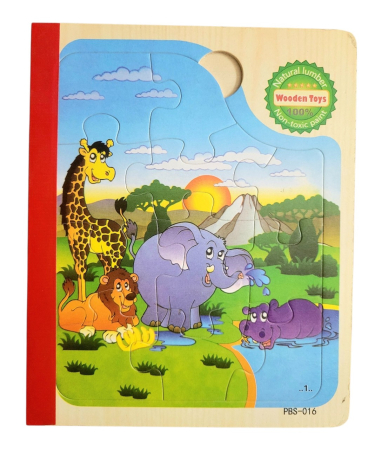 Jucării copii 5-6 ani - Set 6 puzzle din lemn de tip carte cu 11 piese mari Animale in jungla