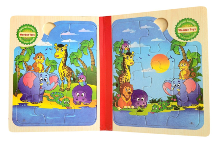 Set 6 puzzle din lemn de tip carte cu 11 piese mari Animale in jungla [3]