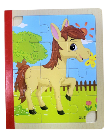 Jucării copii 5-6 ani - Set 6 puzzle din lemn de tip carte cu 12 piese mari Animale calut
