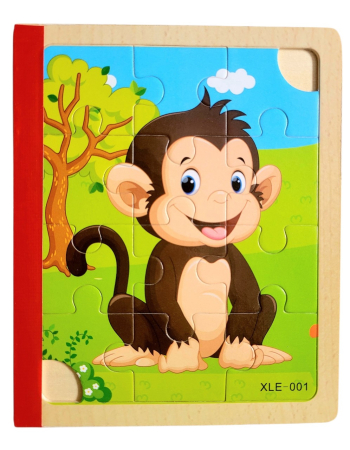 Jucării copii 5-6 ani - Set 6 puzzle din lemn de tip carte cu 12 piese mari Animale maimuta