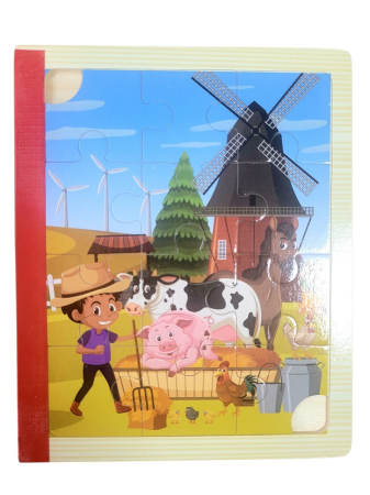 Jucării copii 5-6 ani - Set 6 puzzle din lemn de tip carte cu 12 piese mari Ferma