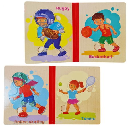 Set 6 puzzle din lemn de tip carte cu 4-6 piese mari Sporturi [4]