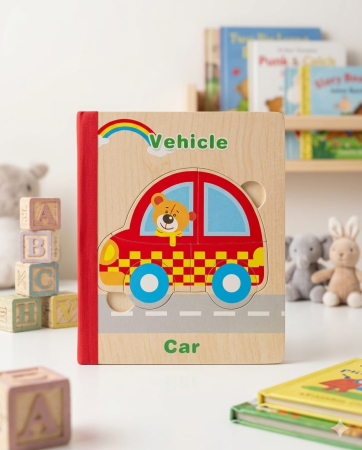 Puzzle - Set 6 puzzle din lemn de tip carte cu 4-6 piese mari Vehicule