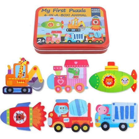 PROMOŢII - Set 6 puzzle in cutie metalica rosie- VEHICULE 1