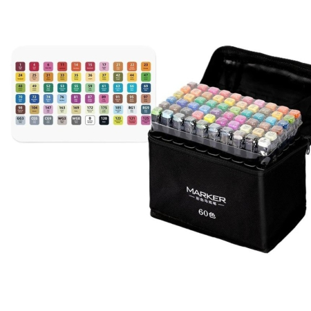 Set 60 Markere pe baza de alcool cu dublu capat, Subtire 1 mm si Gros 6 mm, Geanta Depozitare [1]