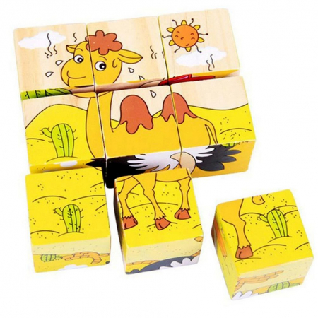 Jocuri Educative - Set 9 cuburi din lemn cu puzzle animale din safari