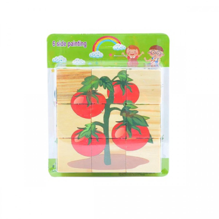 Jocuri Educative - Set 9 cuburi din lemn cu puzzle legume