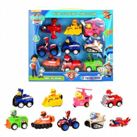 Jucării personaje din desene animate - Set 9 maşinute cu fricţiune cu personajele Patrula Căţeluşilor