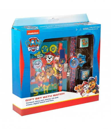 Jucării personaje din desene animate - Set cadou cu ceas, Agenda si instrumente, Patrula Catelusilor, 6 piese