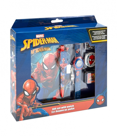 Jucării personaje din desene animate - Set cadou cu ceas, Agenda si instrumente, Spider Man, 6 piese