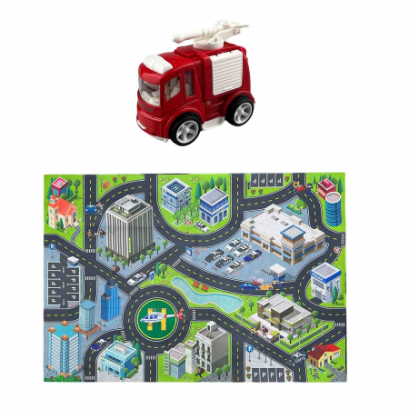 Jucării de rol - Set Covoras de joaca textil 100 cm x 150 cm si masinuta camion de interventie