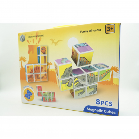 Jocuri Educative - Set de 8 cuburi magnetice tip puzzle dinozauri