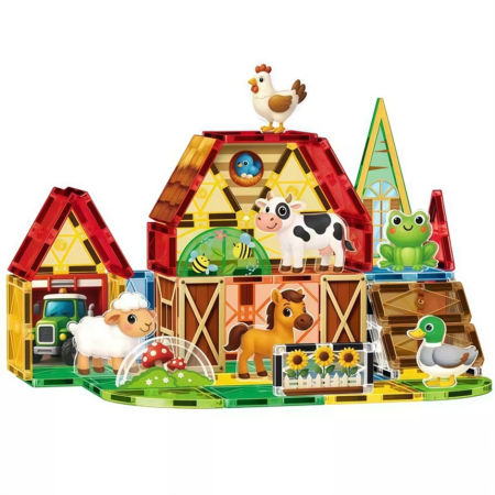 Jucării copii 3-4 ani - Set de construit cu piese magnetice Ferma vesela STEM Magnetic Tiles 54 de piese